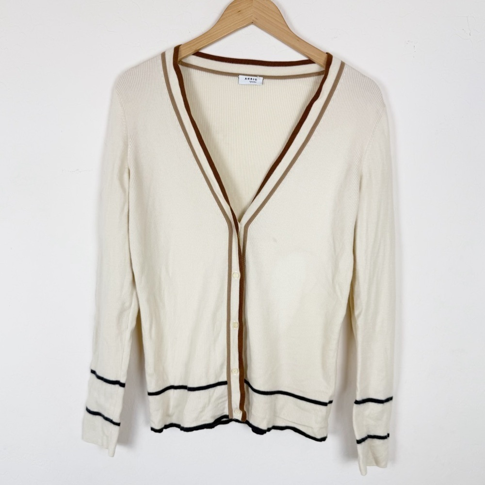Akris Punto Cream V-Neck Button Down Sweater 100% Virgin Wool Stripes